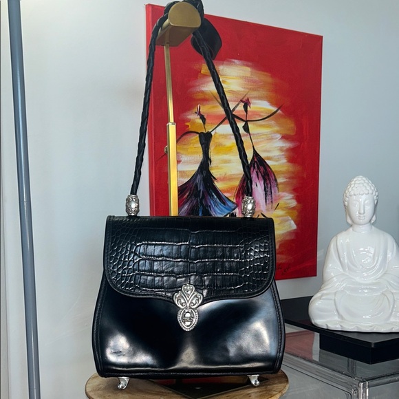 Brighton Ana Maria Black Patent Leather Croc-Embossed Crossbody 9”x 7.75” EUC - Picture 3 of 8